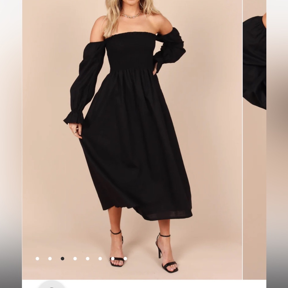 DOMENICA SHIRRED LONG SLEEVE MIDI DRESS - BLACK